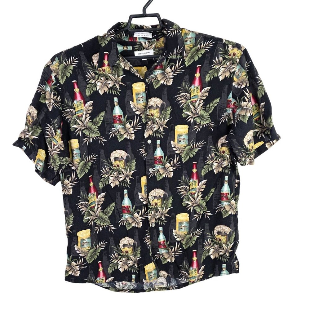 Mens Vintage Pierre Cardin Tropical Hawaiian Shirt Palms & Beer Button Up XL